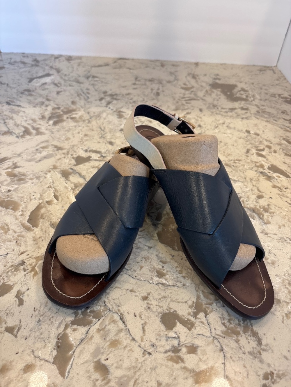 Tory Burch Navy Leather Criss Cross Slingback Sandals Cream Strap Size 11
